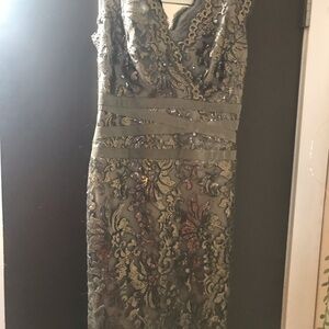 Tadashi Shoji Bronze Sheath Midi Dress V-Neck Sleeveless